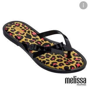 Melissa Flip Flop Animal Print Bow Ribbon Slippers Sandal Flat Black Women Sz 5